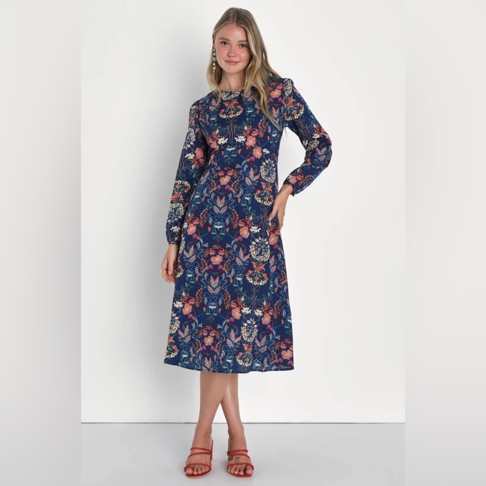 I. Madeline Garden Splendor Navy Blue Floral Print Long Sleeve Midi Dress